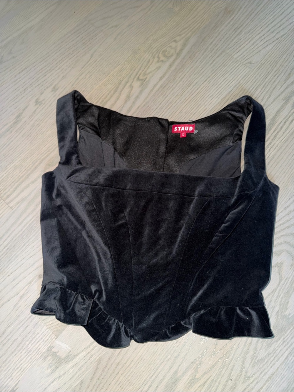 STAUD Black Velvet Square-Neck Ruffle Hem Corset Sz 12